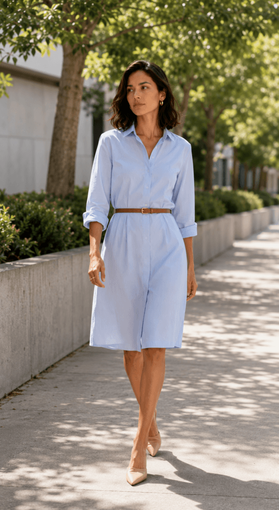 Summer Interview Outfits That Make a Professional Impression 8 Woman in belted white poplin shirt dress knee length for summer interview