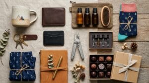 Eleven curated boyfriend gift ideas arranged on a neutral linen and wood surface