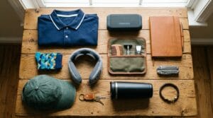 Curated lifestyle gift selection for men arranged on a warm wooden surface