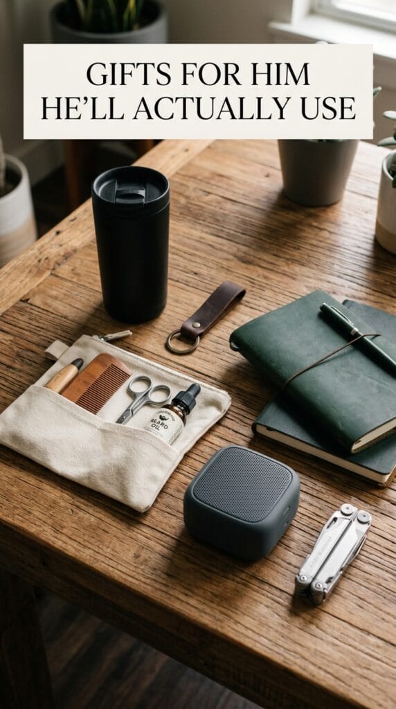 Best Gifts for Him That He Will Actually Use and Genuinely Appreciate 2 Collection of practical gifts for men including a travel mug, grooming kit, journal, and leather accessories.