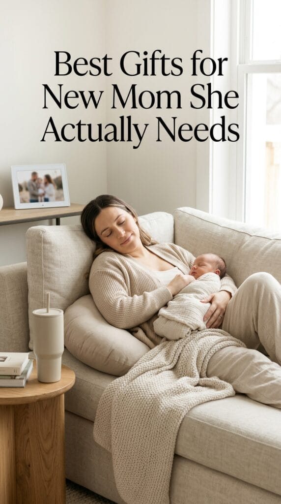 New mother resting on couch surrounded by practical postpartum essentials like a tumbler, blanket, and baby items in a soft home setting.