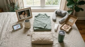 Flat lay of postpartum recovery and baby care items on a neutral surface.