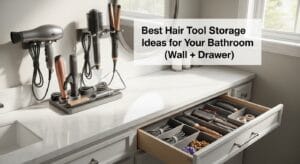Organized bathroom wall and drawer displaying practical hair tool storage solutions.