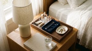 Styled nightstand surface with multiple organizer trays arranged in natural light.