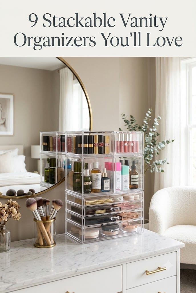Modern vanity organized with clear acrylic stackable drawers holding makeup and skincare products.