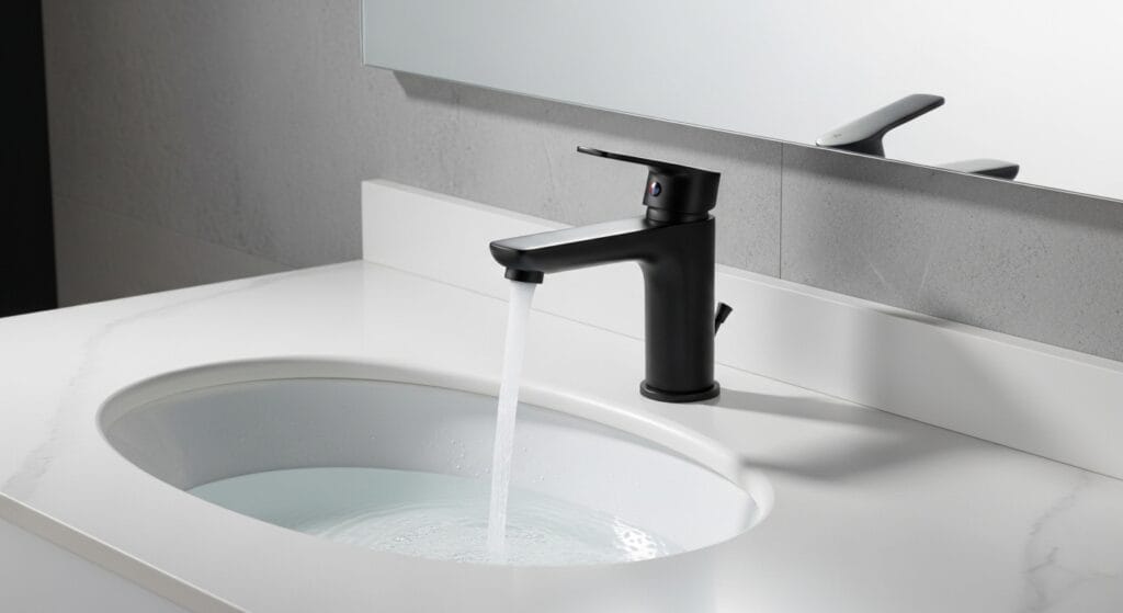 Matte black bathroom faucet installed on a white bathroom sink counter.