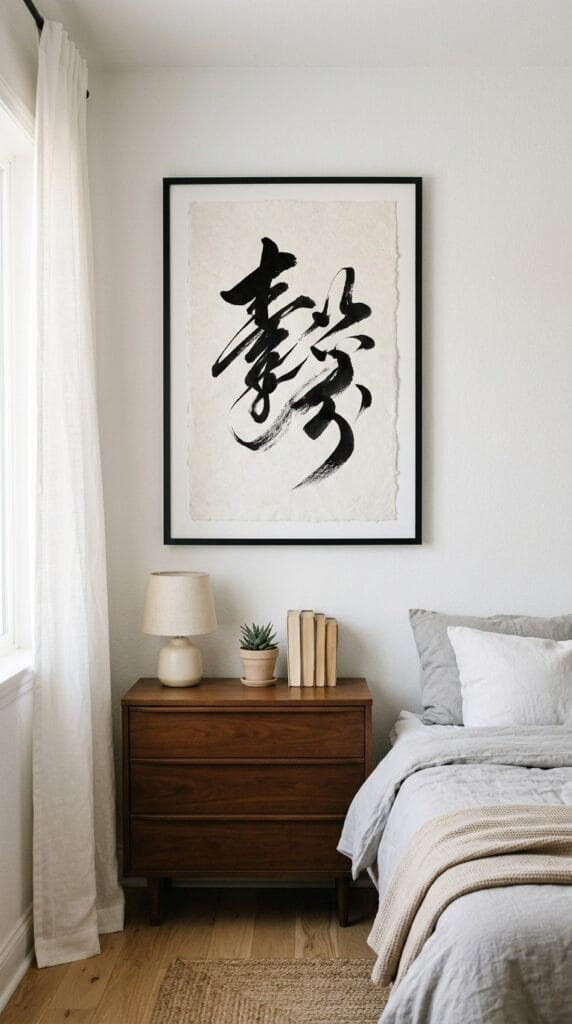 Framed black calligraphy wall art displayed on a white minimalist bedroom accent wall