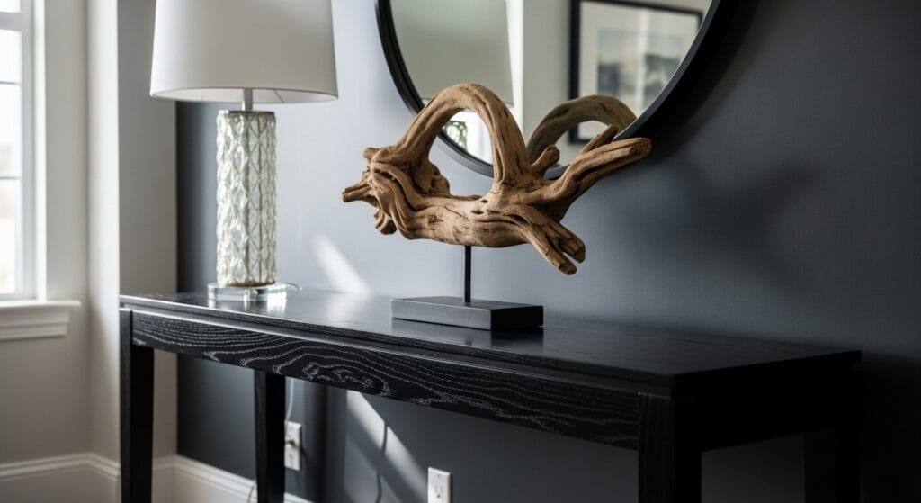 Dark Coastal Living Room: Moody, Dramatic, and Still Totally Beachy 3 Black console table styled with coastal driftwood decor in a dark moody living room.