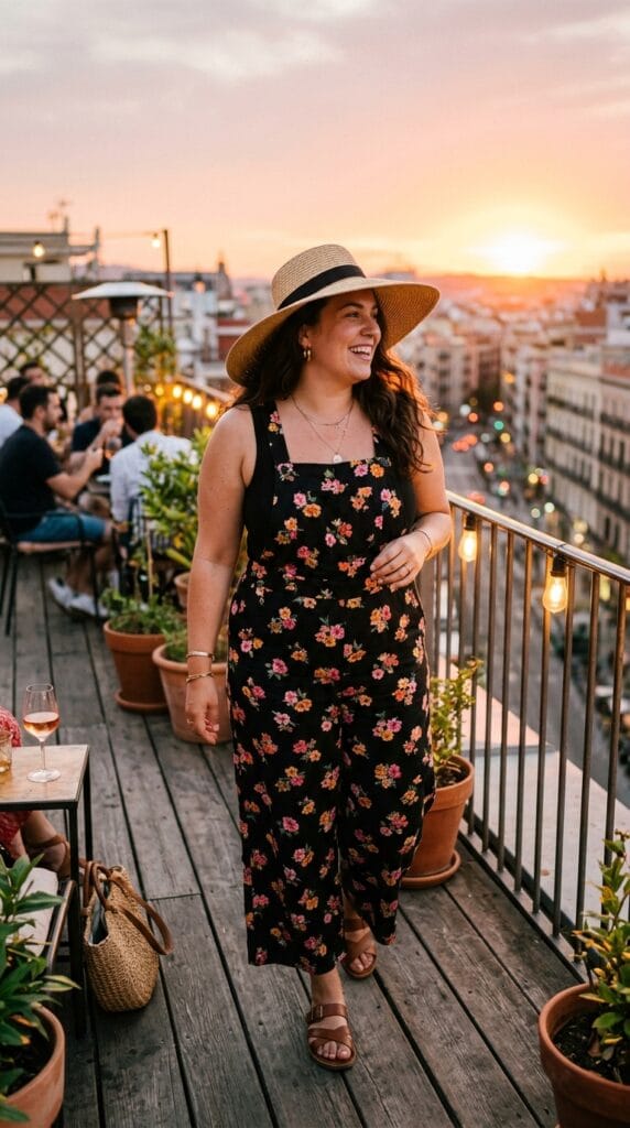 11 Plus Size Overalls Outfits for Casual Summer Days 12 Plus size woman in black floral wide-leg overalls outfit with a square-neck bib