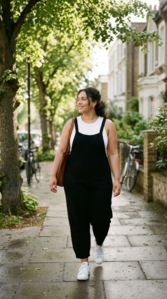 11 Plus Size Overalls Outfits for Casual Summer Days 2 Plus size woman wearing black knit wide-leg overalls outfit with a white tank top