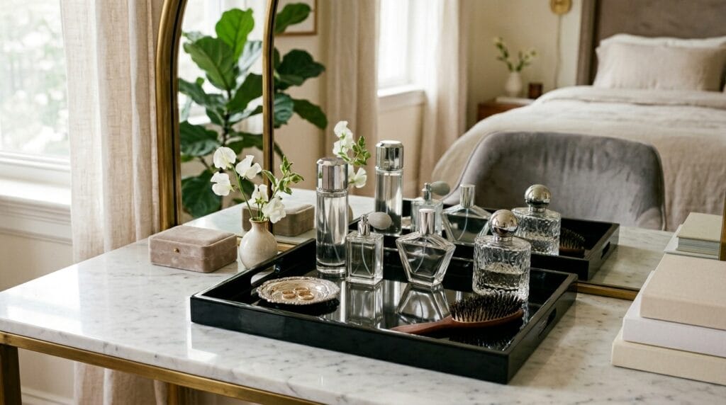 17 Chic Perfume Tray Ideas for a Luxurious Vanity Setup 11 Black lacquer rectangular tray with glossy surface on a styled bedroom vanity.
