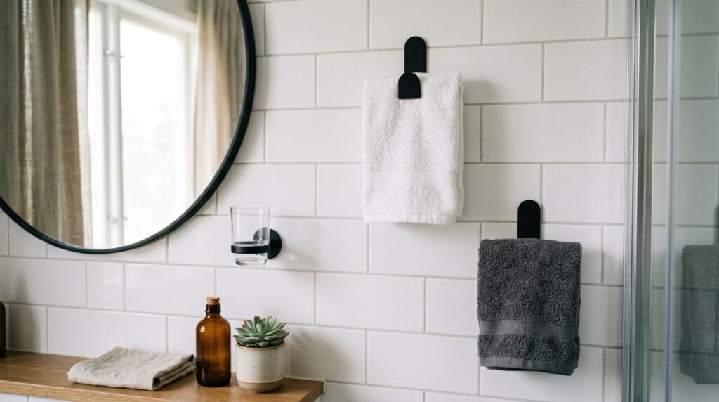 Modern Small Bathroom Ideas: Sleek, Functional and Gorgeous 7 Black matte towel hooks mounted on white tile in a small modern bathroom