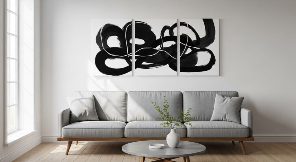 Three-panel black and white canvas wall art set above a minimal living room sofa.