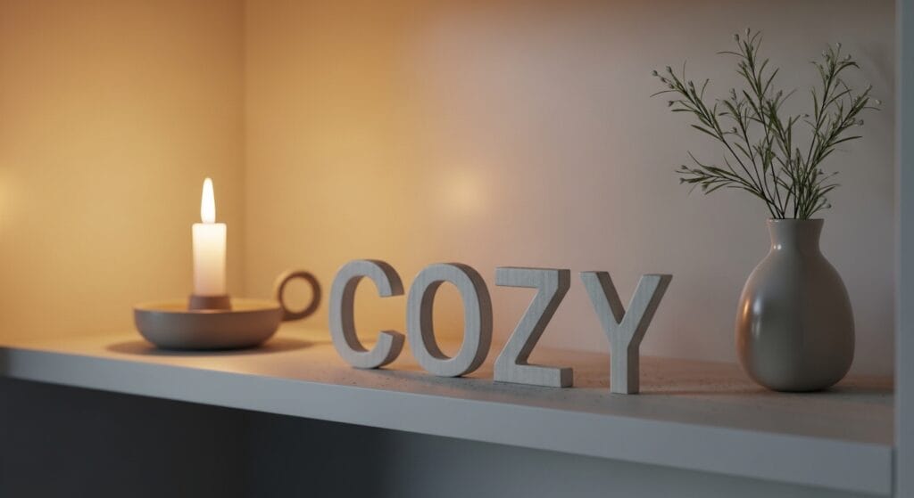 Block letter COZY sign styled on a living room shelf with a candle.