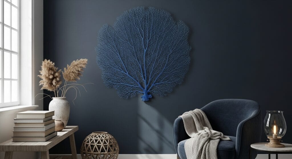 Dark Coastal Living Room: Moody, Dramatic, and Still Totally Beachy 10 Blue sea fan wall decor mounted on a deep navy wall in a coastal room.