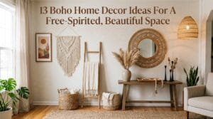 Cozy boho-styled room featuring woven textures, dried botanicals, and layered natural decorative accents.