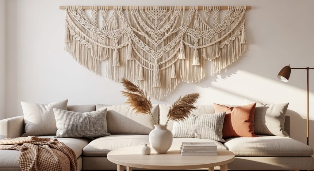 Large neutral boho macramé wall hanging mounted on a bright living room wall.