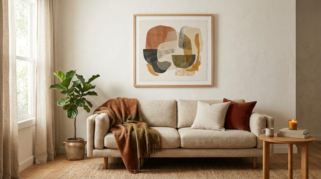 Abstract earth-toned art print framed and displayed above a living room sofa.