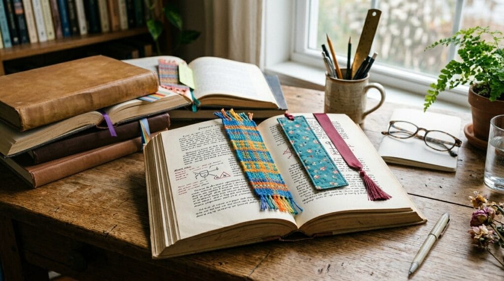 Colorful bookmarks placed inside open books on study table.