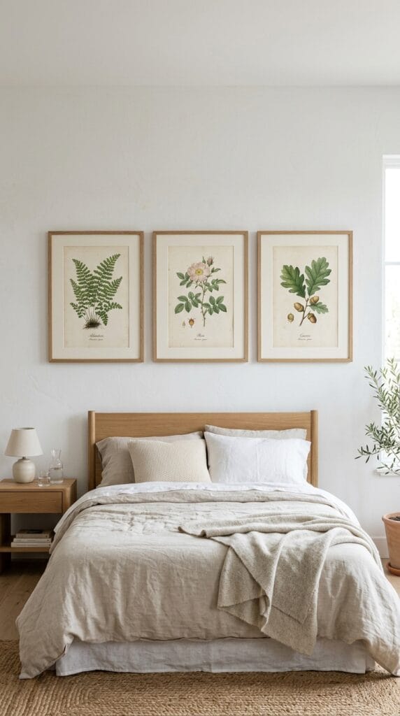 Three botanical framed prints arranged in a horizontal row on a white bedroom wall