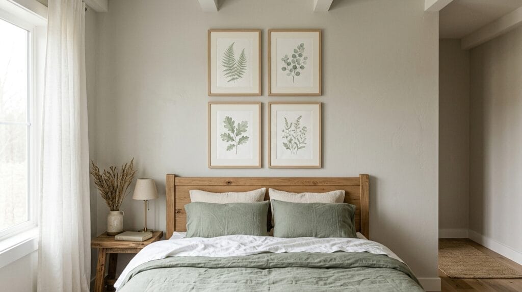 Sage green bedroom decor ideas: calm, fresh and timeless 2 Set of four framed botanical art prints in sage green above a bed