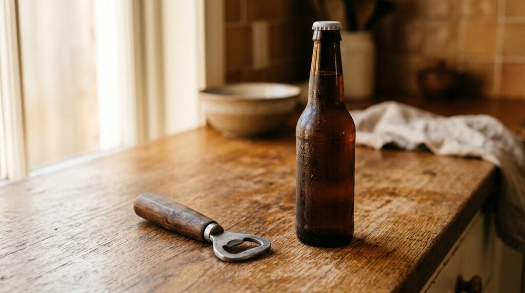 Cheap Father's Day Gift Ideas Under $25 9 Sturdy bottle opener resting on a wooden kitchen counter beside a cold glass bottle.