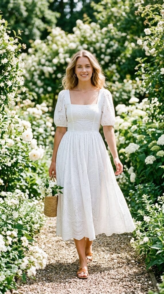 15 Cotton Summer Dresses That Keep You Cool All Day Long 5 Woman in a white broderie anglaise fit-and-flare midi dress standing in a sunlit garden.