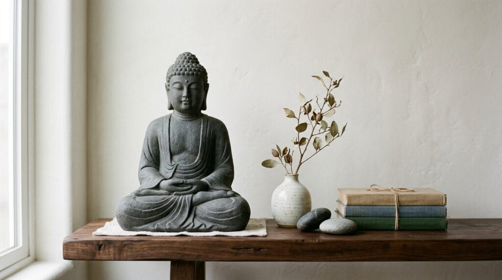Cheap living room makeover: affordable decor finds under $30 7 Matte stone Buddha statue on a dark wood shelf with natural decor accents.