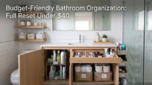 Organized bathroom featuring shelves, baskets, bins, and drawer storage solutions