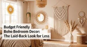 Warmly lit boho bedroom styled with macramé, rattan, and woven decor pieces.