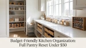 Organized kitchen pantry with clear bins, labeled containers, and shelf dividers displayed neatly.