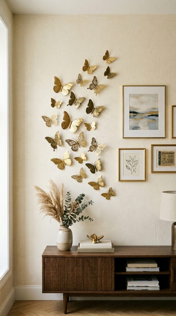 Gold butterfly wall sculptures arranged in a decorative cluster on a cream bedroom wall