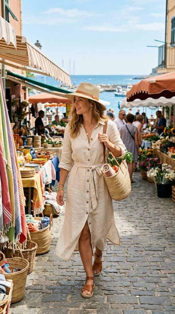 18 Summer Vacation Dresses That Pack Light & Look Amazing 5 Woman in ecru button-through linen midi dress at outdoor coastal market mid-morning