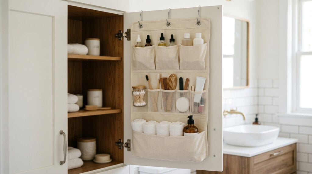 Budget Friendly Bathroom Organization: Full Reset Under $40 9 Cabinet door organizer holding small bathroom essentials inside storage area