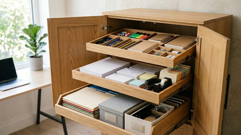 Home Office Organization Ideas: Desk, Closet and Storage 11 Open cabinet with pull-out trays organizing office supplies and folders neatly inside.