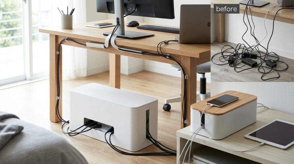 Home Office Organization Ideas: Desk, Closet and Storage 5 Enclosed cable box hiding power strips and charging cords beneath a desk area.