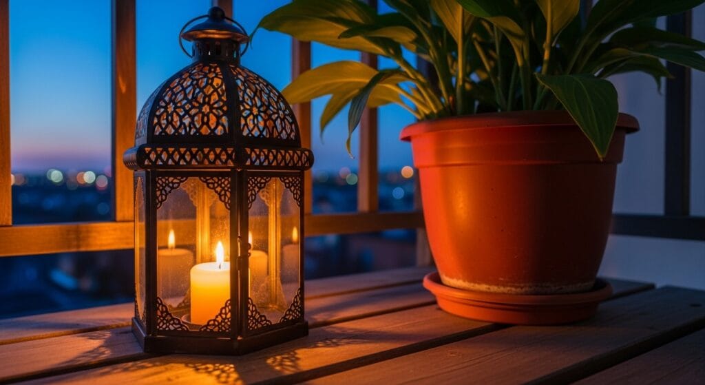 Small balcony decor ideas: make a tiny outdoor space beautiful 9 Metal and glass candle lantern glowing on a small balcony floor at dusk.