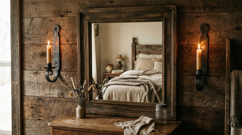 Rustic Bedroom Decor Ideas: Warm, Textured and Inviting 6 Pair of dark metal candle wall sconces mounted on a textured rustic bedroom wall.