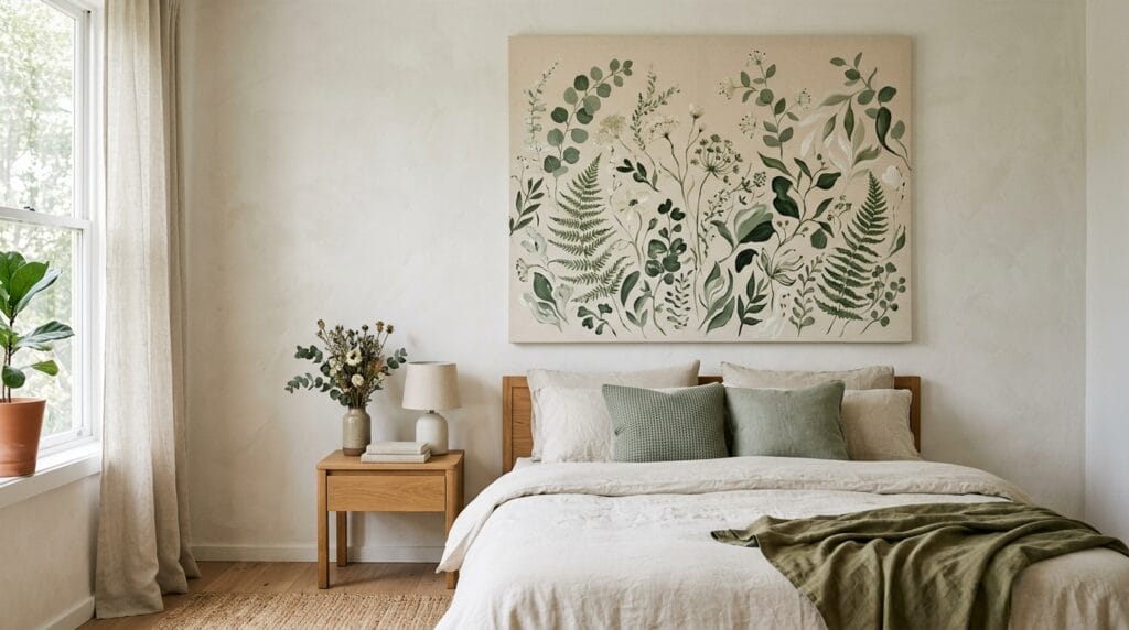 Sage green bedroom decor ideas: calm, fresh and timeless 6 Large botanical canvas wall art in sage green and ivory on a bedroom wall