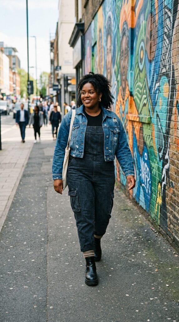 11 Plus Size Overalls Outfits for Casual Summer Days 11 Plus size model wearing cargo denim overalls outfit layered under a cropped denim jacket