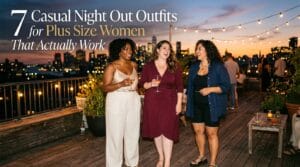 Plus size women in summer evening outfits on warm rooftop terrace, relaxed editorial style