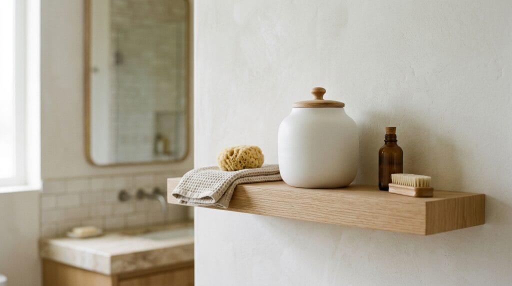 Modern Small Bathroom Ideas: Sleek, Functional and Gorgeous 3 White ceramic decorative jar styled on a modern bathroom floating shelf