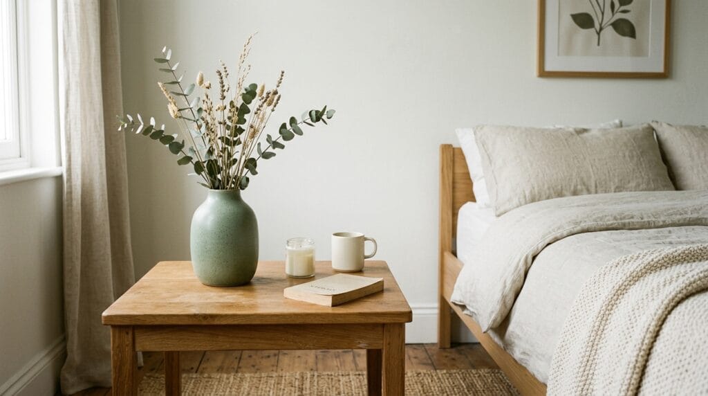 Sage green bedroom decor ideas: calm, fresh and timeless 5 Sage green ceramic vase on a wooden bedside table in a calm bedroom