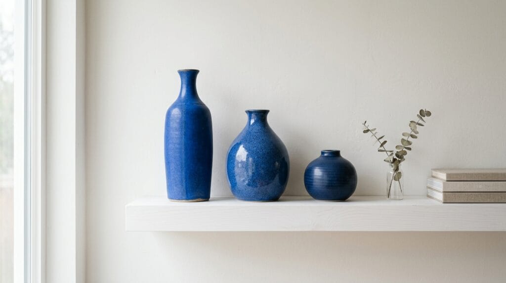Cheap living room makeover: affordable decor finds under $30 3 Three blue ceramic vases of varying heights displayed on a white shelf.