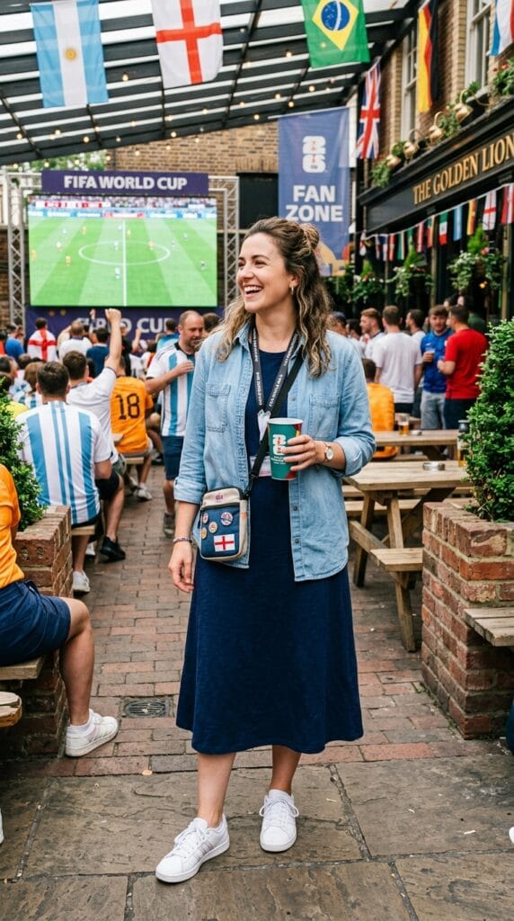 Woman in chambray shirt layered over a navy jersey dress, indoor-outdoor world cup outfit.