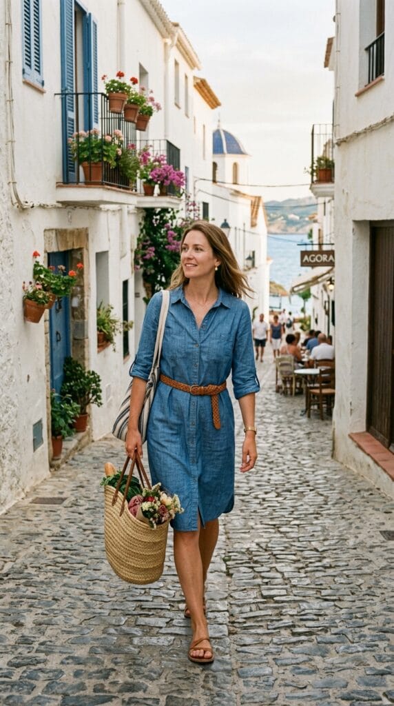 10 Summer Vacation Dresses Packing Guide For Her 7 Woman in mid-blue chambray shirt dress walking coastal town street, afternoon light.