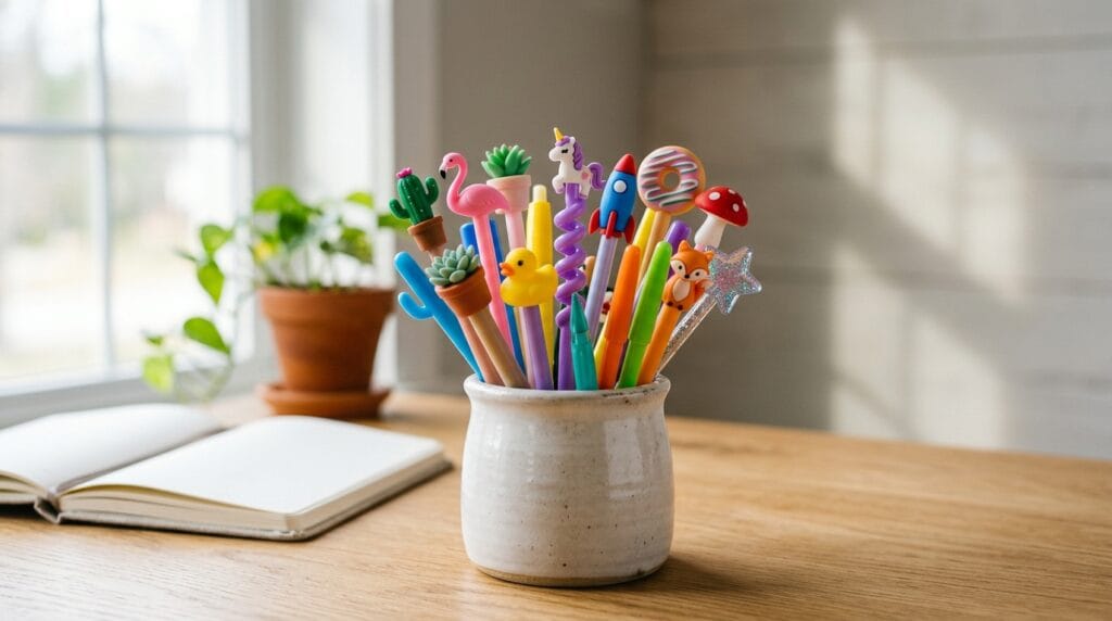 Decorative colorful pens arranged upright in a classroom pencil holder.