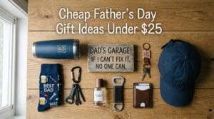 Budget-friendly Father's Day gift picks arranged on a natural wood surface.