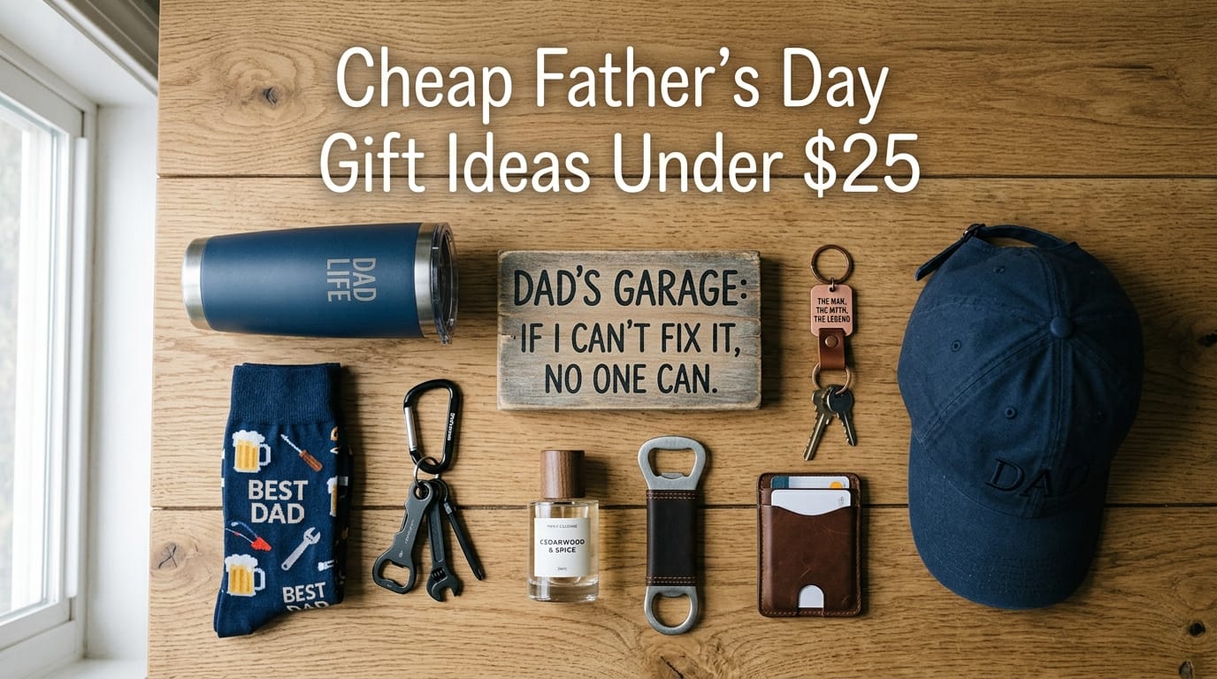Budget-friendly Father's Day gift picks arranged on a natural wood surface.