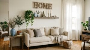 A styled budget living room featuring nine affordable decor pieces in soft natural light.